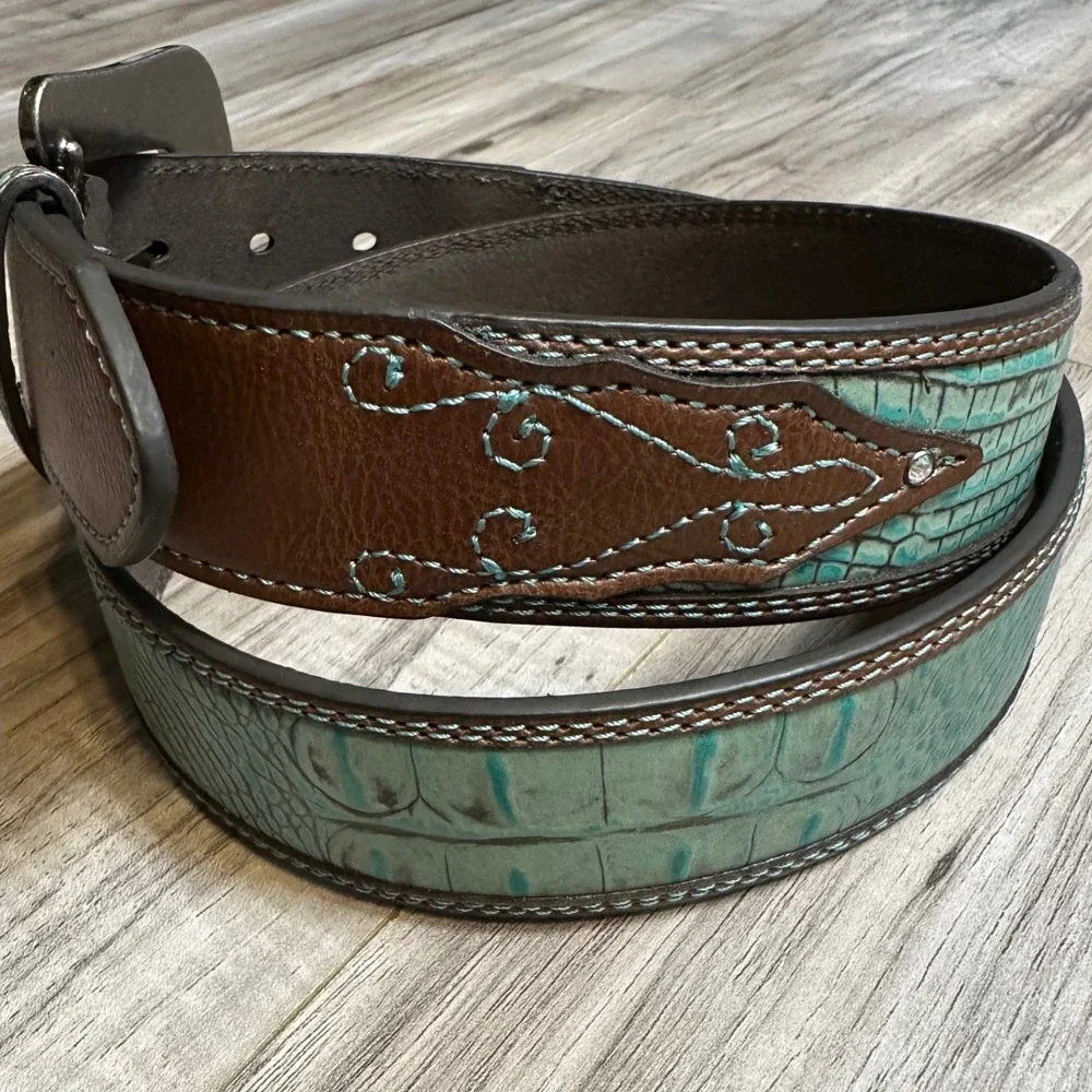 Roper Western Turquoise Brown Leather Rhinestone Bling Buckle Belt Size XL 38/40